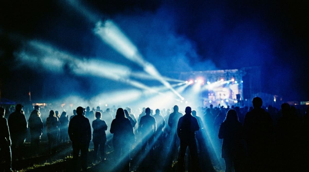 Público en un evento masivo con haces de luz
